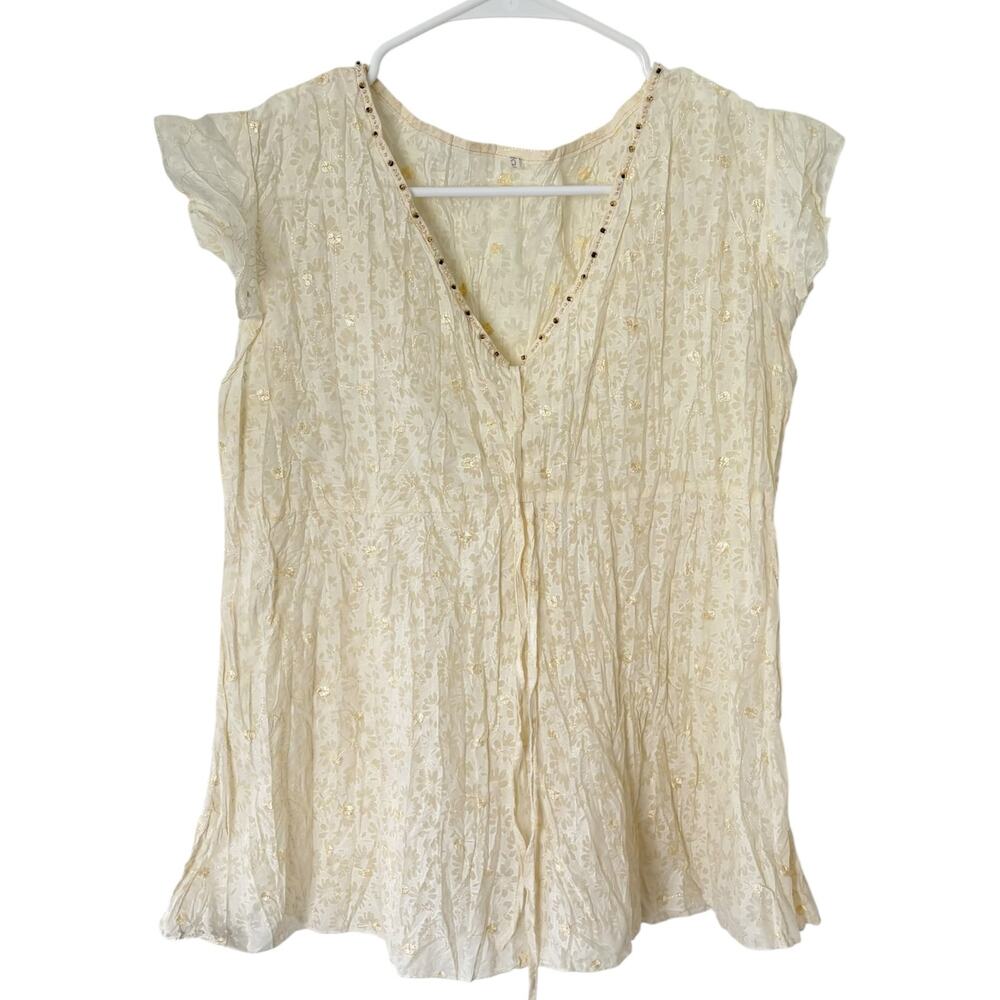 Boho Babydoll Embroidered Floral Peasant Top Beaded V Neckline Cottagecore